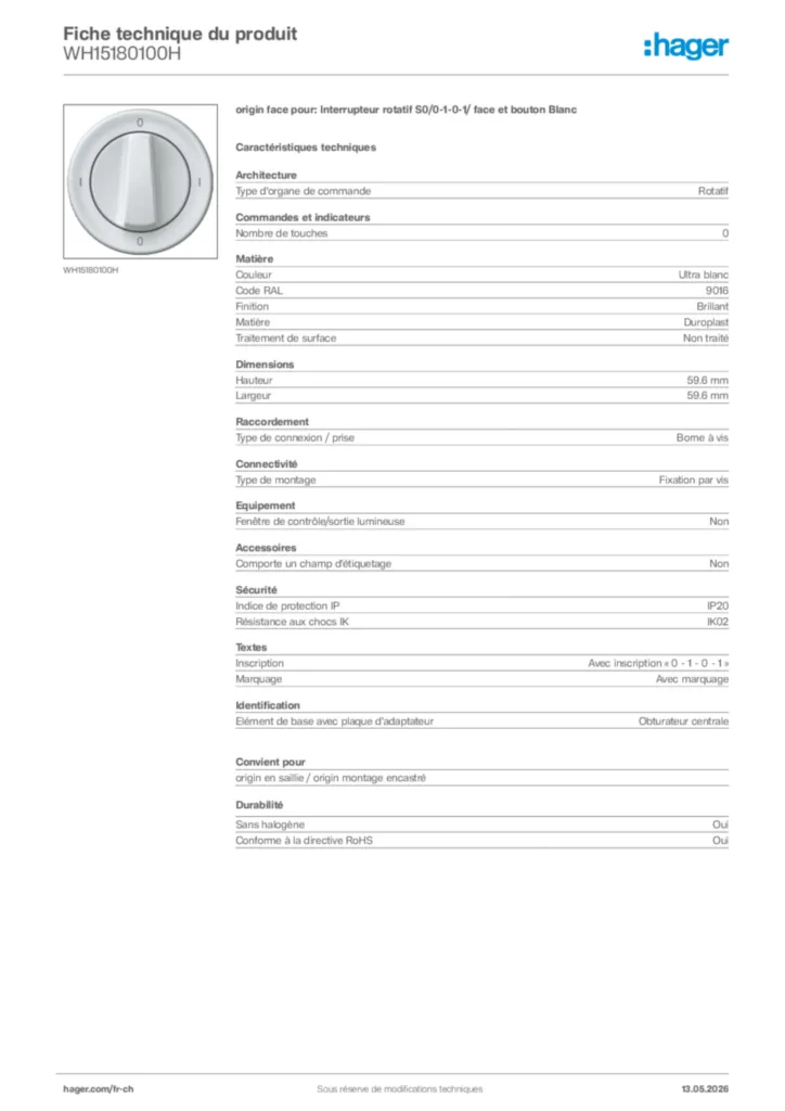 Image Hager Fiche technique du produit WH15180100H | Hager Suisse