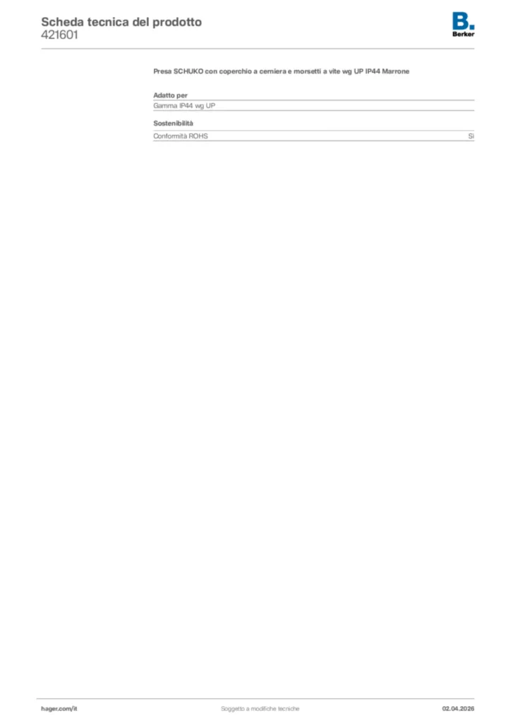 Immagine Berker Scheda tecnica del prodotto 421601 | Hager Italia
