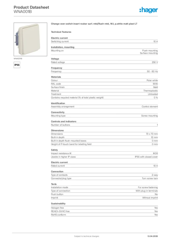 Image Hager Product data sheet WNA001B  | Hager Africa