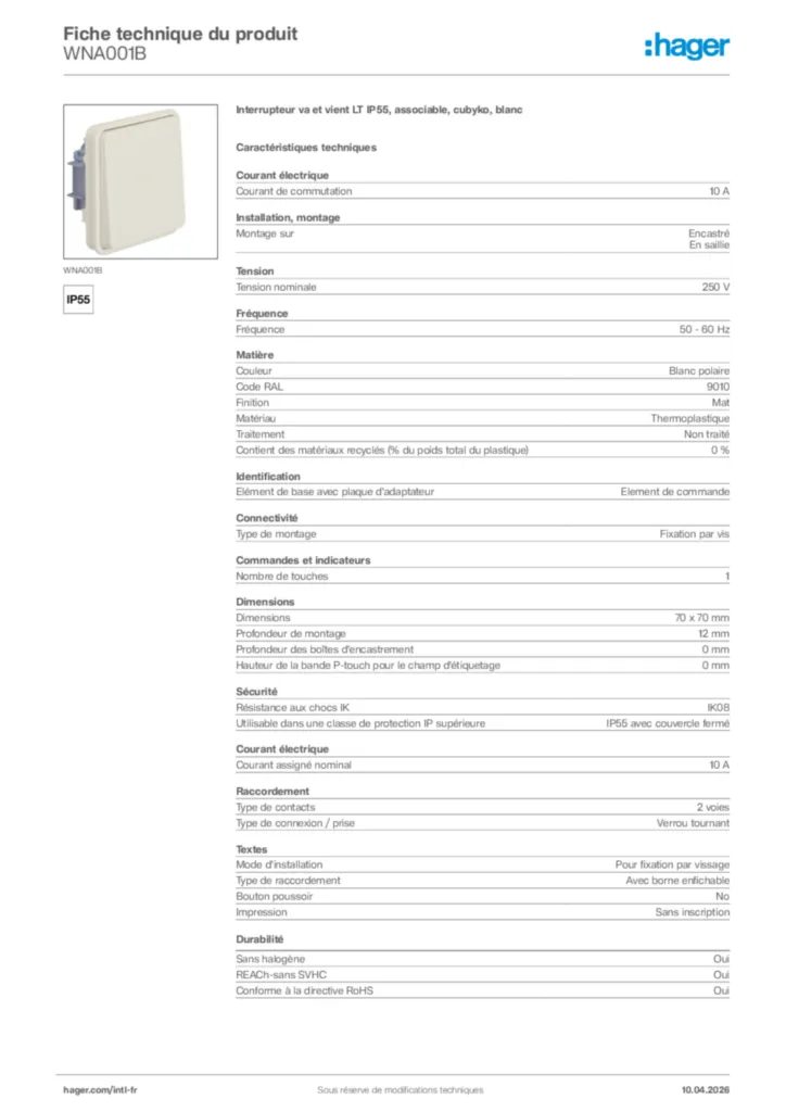 Image Hager Fiche technique du produit WNA001B | Hager Afrique