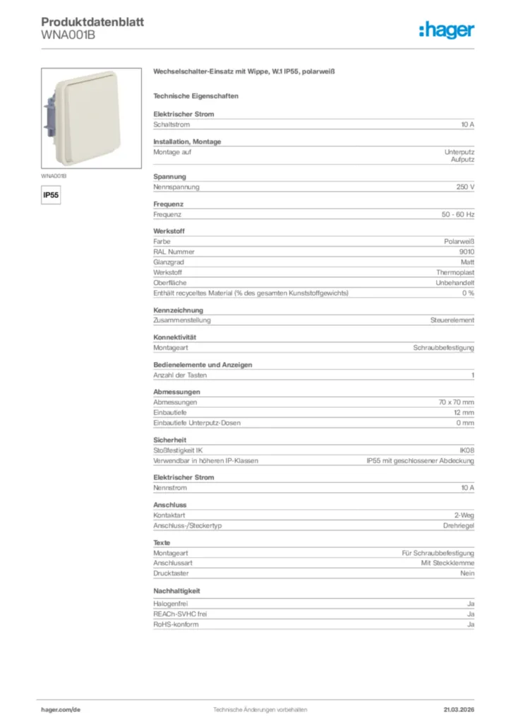 Bild Hager Produktdatenblatt WNA001B | Hager Deutschland