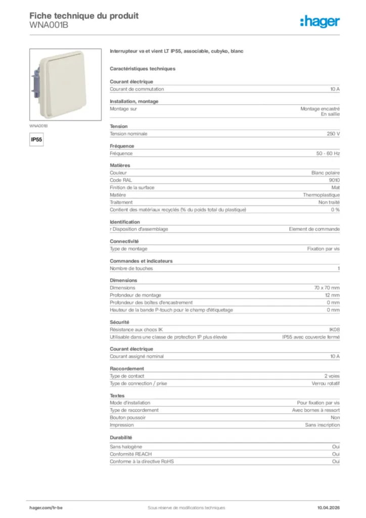 Image Hager Fiche technique du produit WNA001B | Hager Belgique