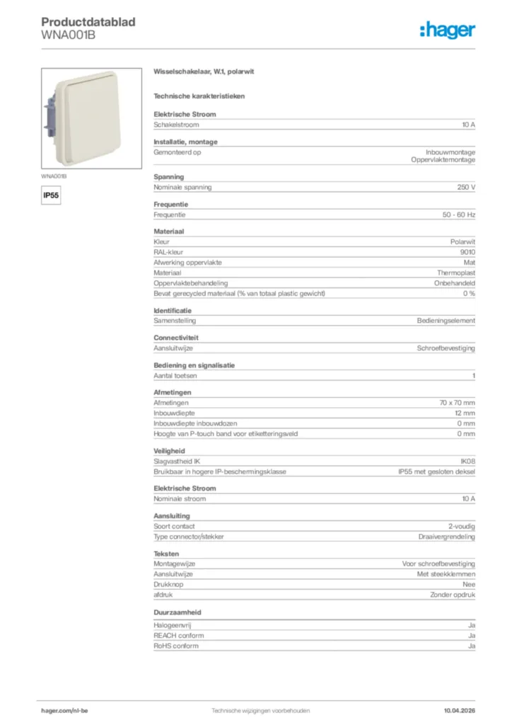 Afbeelding Hager Productdatablad WNA001B | Hager Belgium