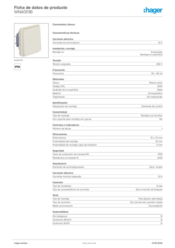 Imagen Hager Ficha de datos de producto WNA001B | Hager España