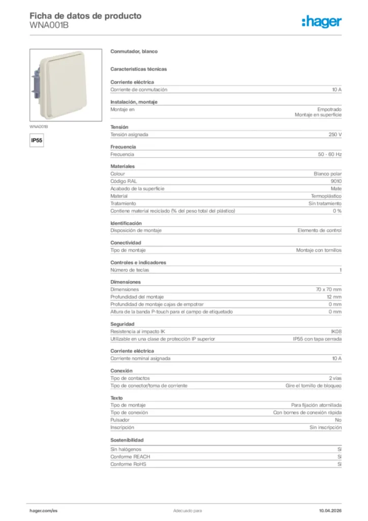Imagen Hager Ficha de datos de producto WNA001B | Hager España