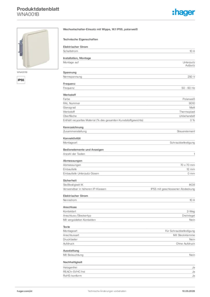 Bild Hager Produktdatenblatt WNA001B | Hager Deutschland