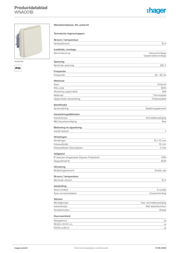 Afbeelding Hager Productdatablad WNA001B | Hager Nederland