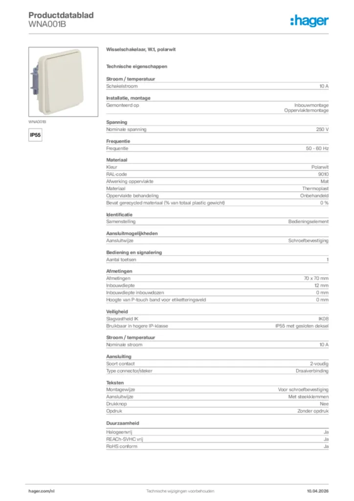 Afbeelding Hager Productdatablad WNA001B | Hager Nederland