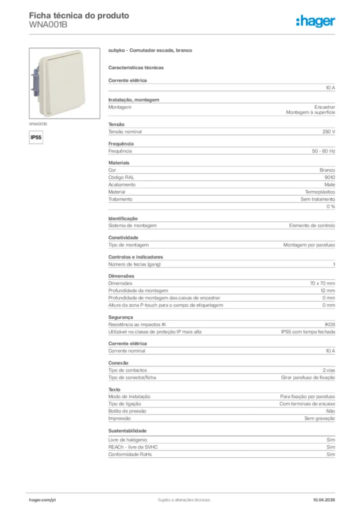 Imagem Hager Ficha técnica do produto WNA001B | Hager Portugal
