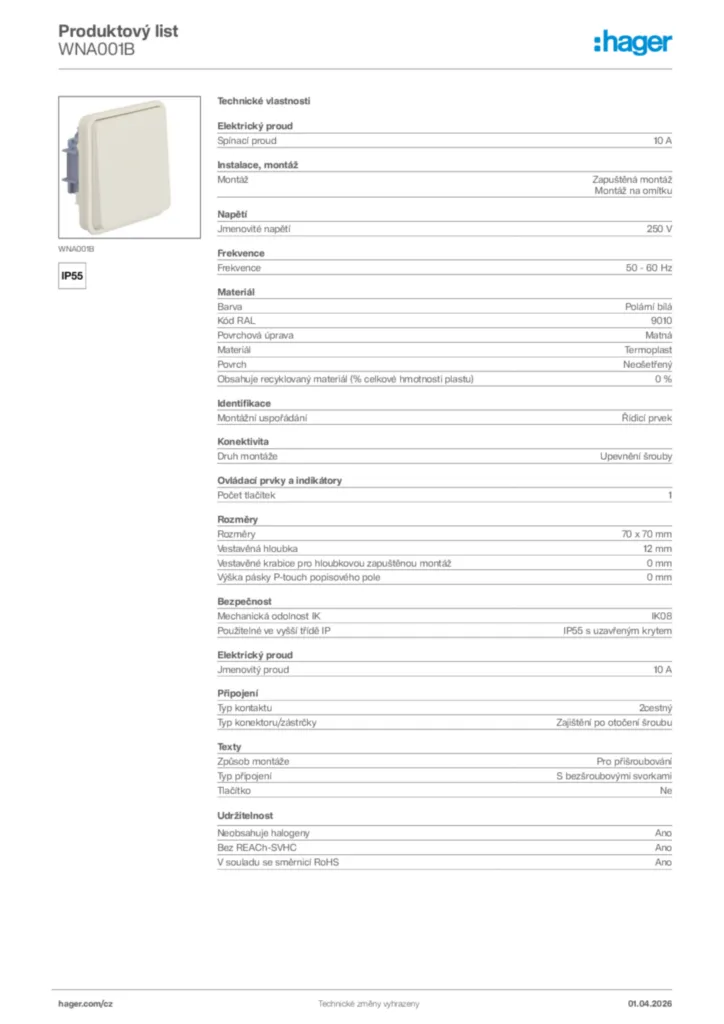 Obrázek Hager Product data sheet WNA001B | Hager