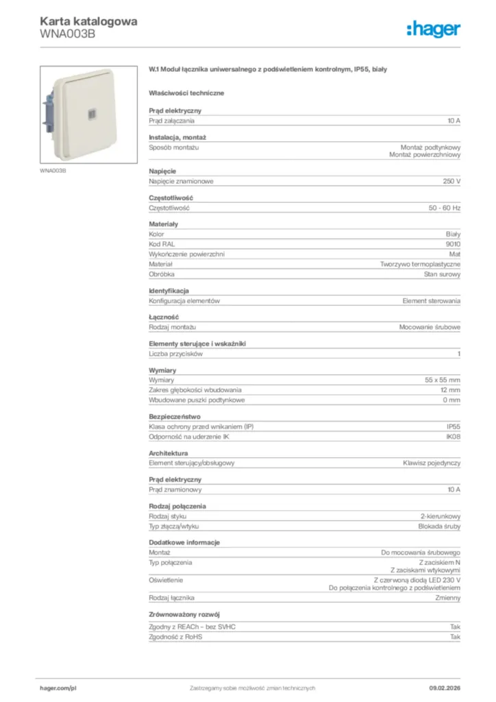Zdjęcie Hager Karta katalogowa WNA003B | Hager Polska