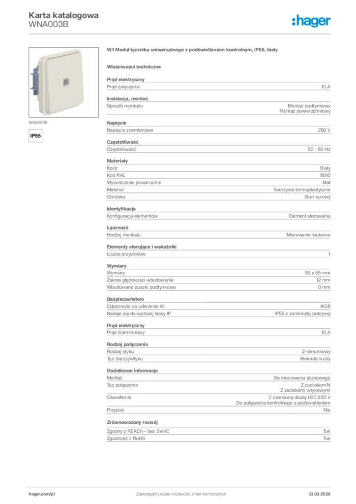 Zdjęcie Hager Karta katalogowa WNA003B | Hager Polska