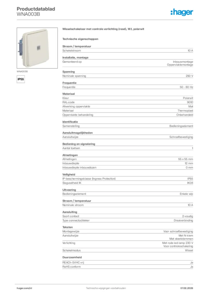 Afbeelding Hager Productdatablad WNA003B | Hager Nederland