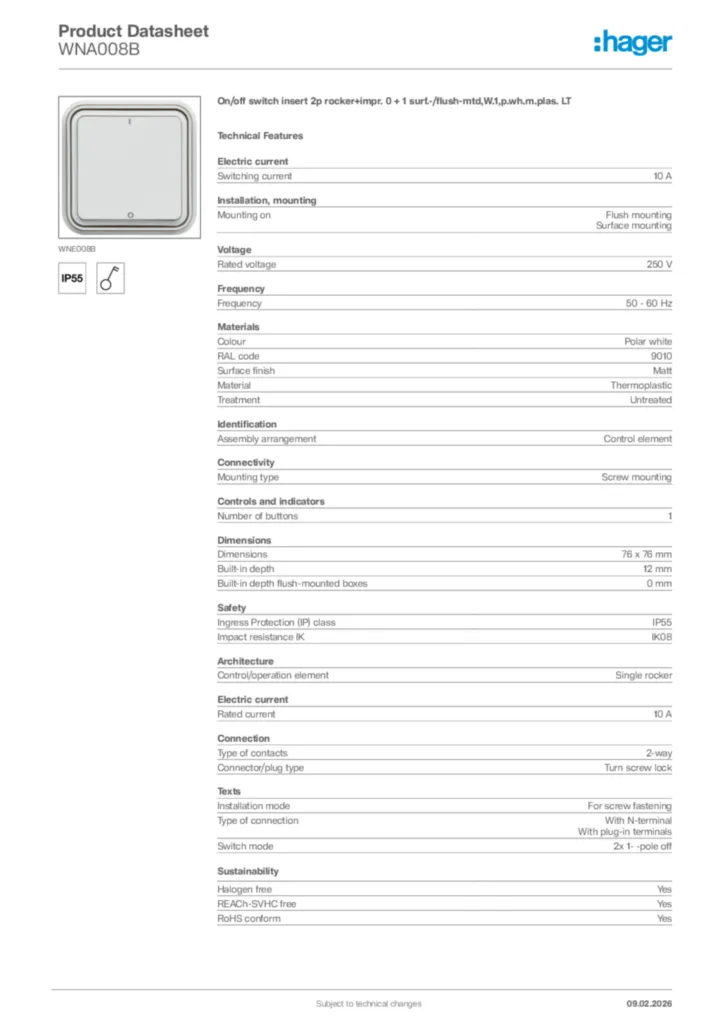 Image Hager Product data sheet WNA008B  | Hager Africa