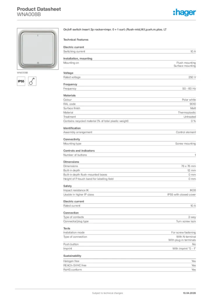 Image Hager Product data sheet WNA008B  | Hager Africa
