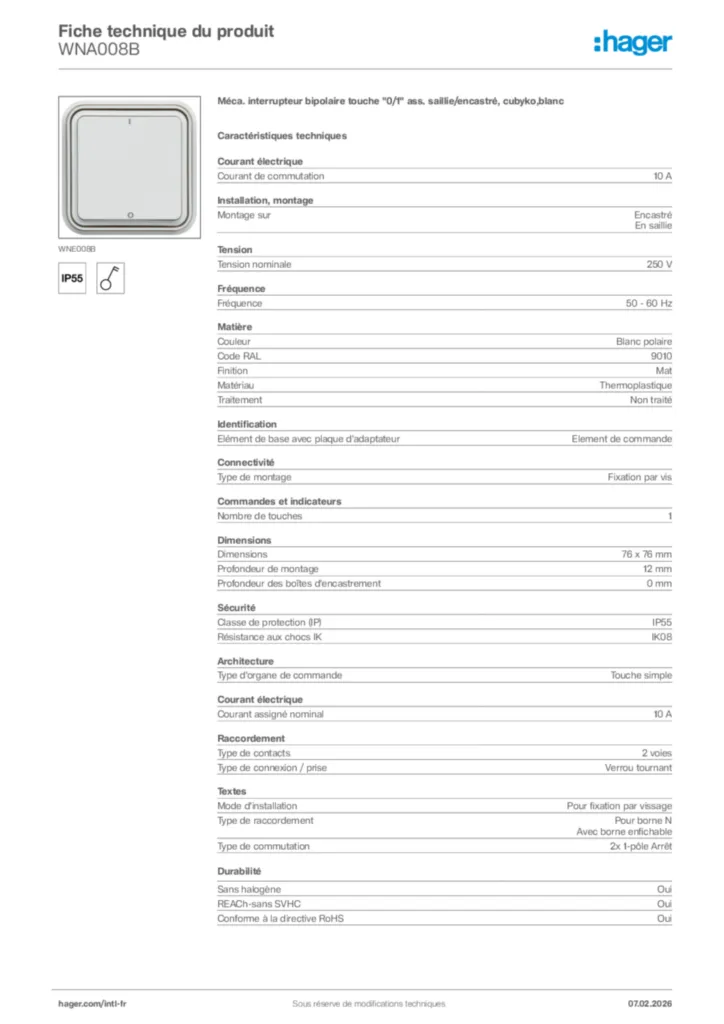 Image Hager Fiche technique du produit WNA008B | Hager Afrique