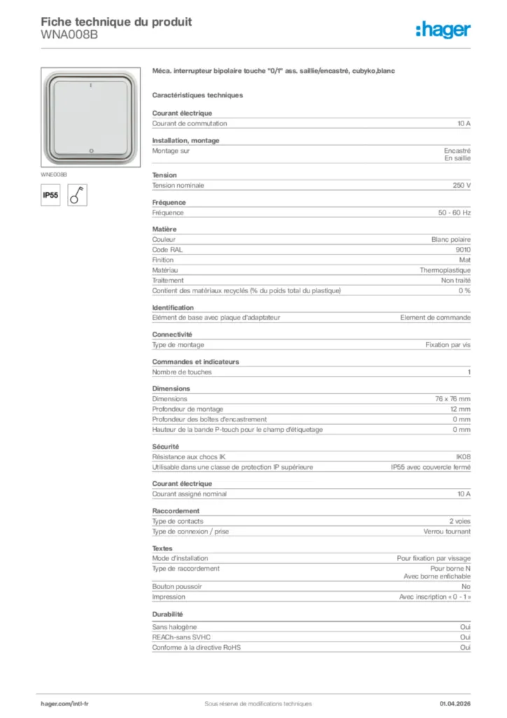 Image Hager Fiche technique du produit WNA008B | Hager Afrique