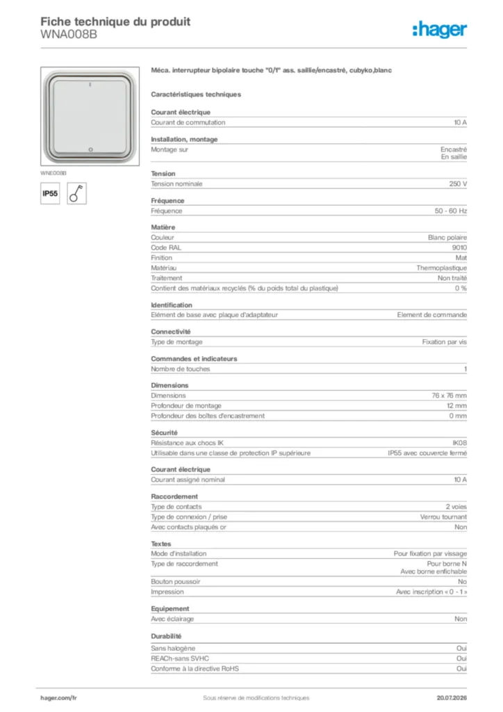 Image Hager Fiche technique du produit WNA008B | Hager France