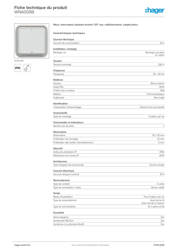 Image Hager Fiche technique du produit WNA008B | Hager Belgique