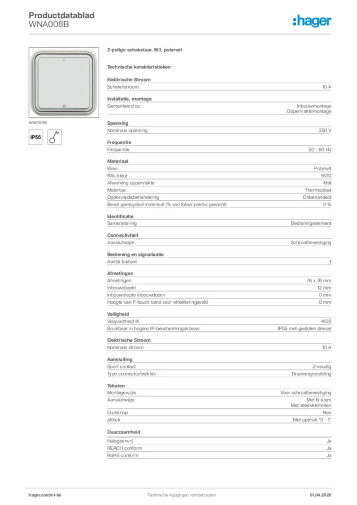 Afbeelding Hager Productdatablad WNA008B | Hager Belgium