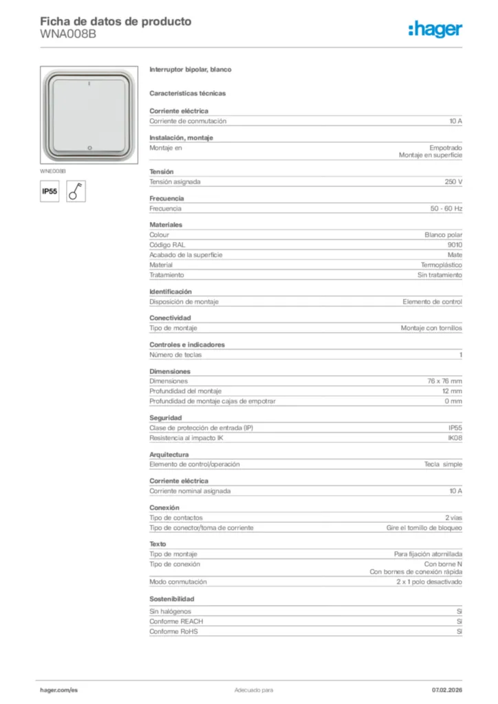 Imagen Hager Ficha de datos de producto WNA008B | Hager España