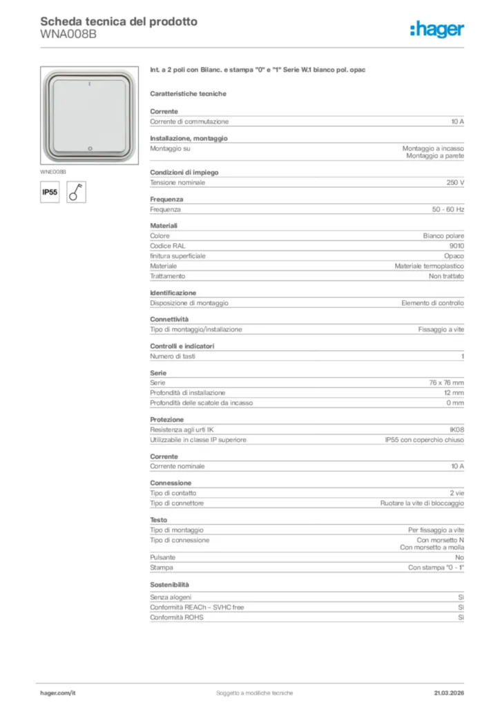 Immagine Hager Scheda tecnica del prodotto WNA008B | Hager Italia