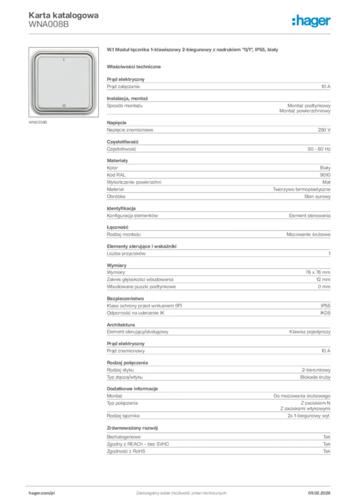 Zdjęcie Hager Karta katalogowa WNA008B | Hager Polska