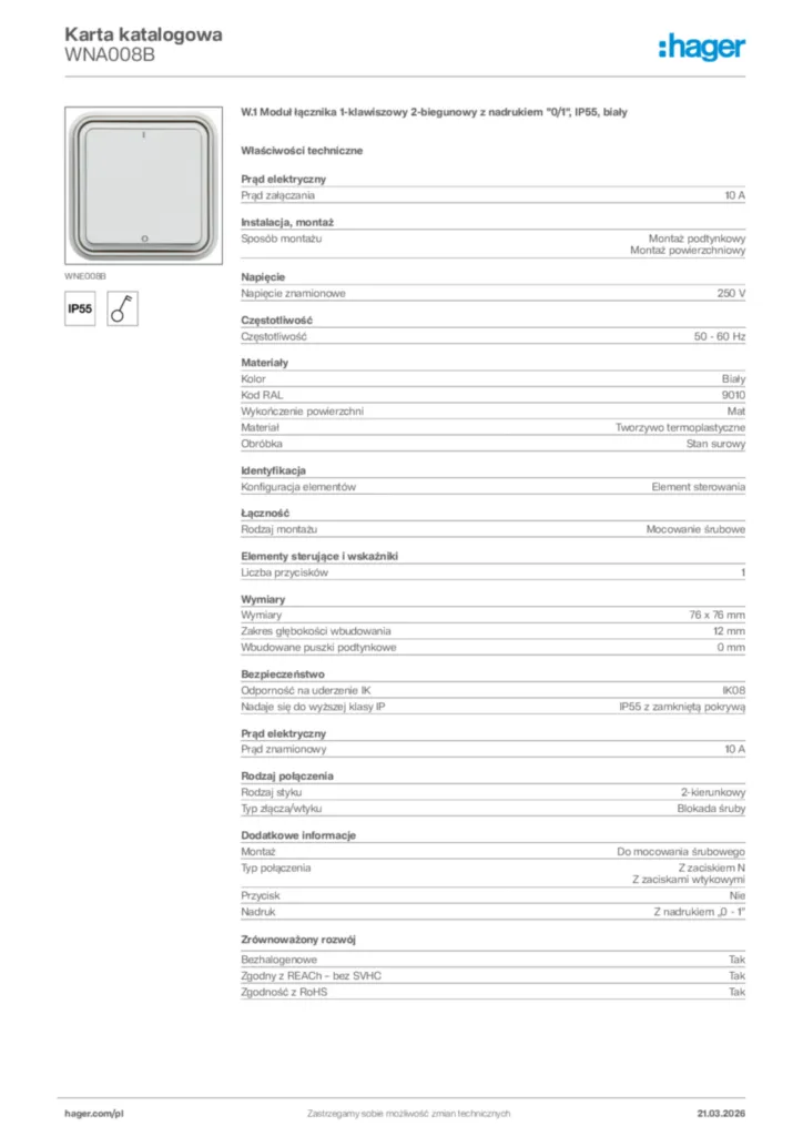 Zdjęcie Hager Karta katalogowa WNA008B | Hager Polska