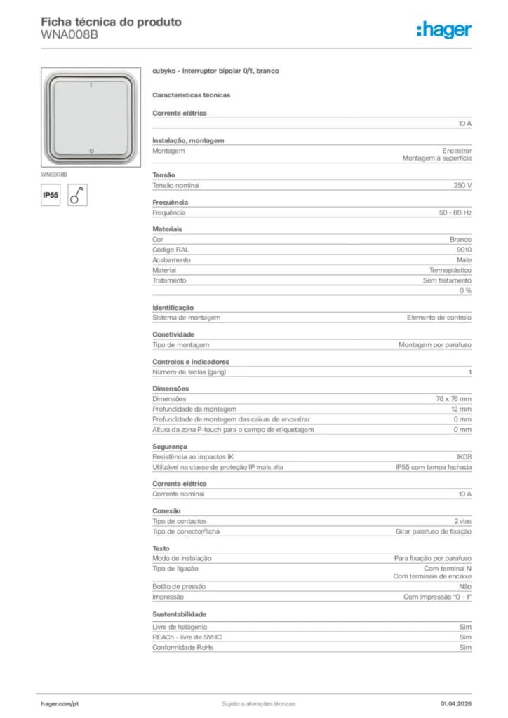 Imagem Hager Ficha técnica do produto WNA008B | Hager Portugal