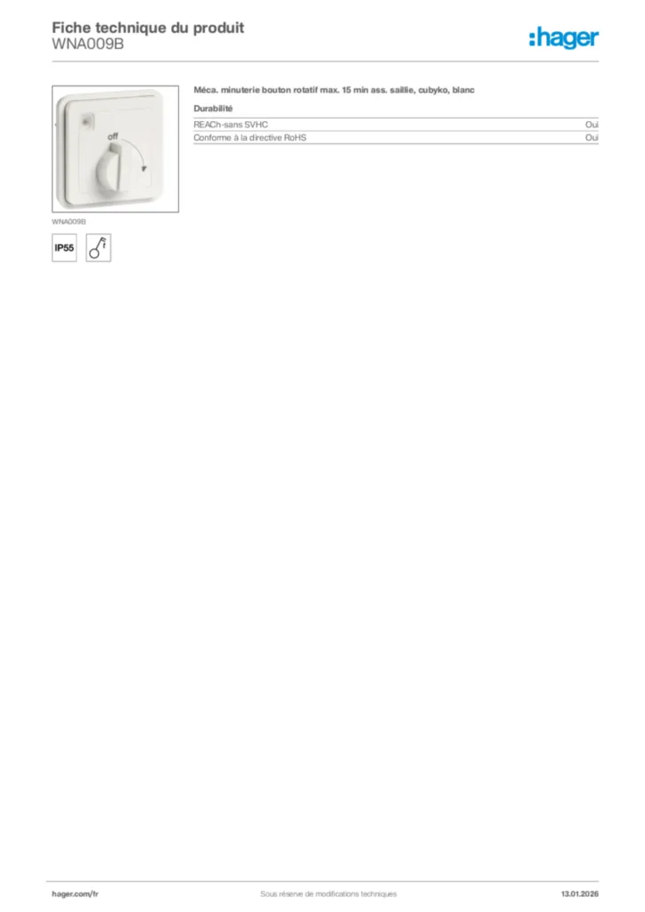 Image Hager Fiche technique du produit WNA009B | Hager France