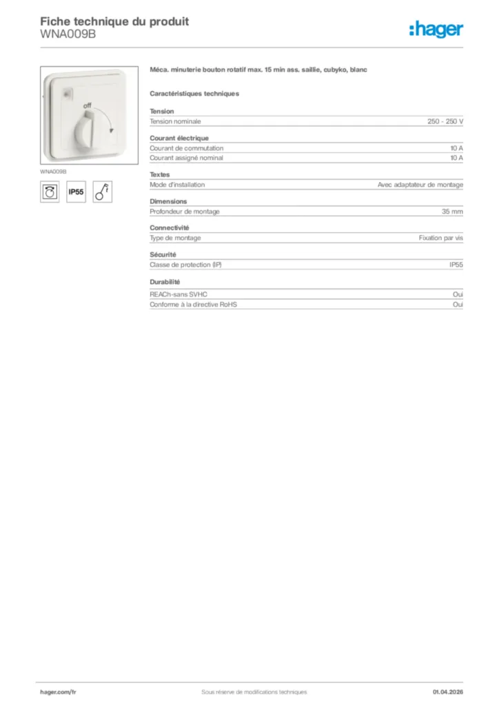 Image Hager Fiche technique du produit WNA009B | Hager France