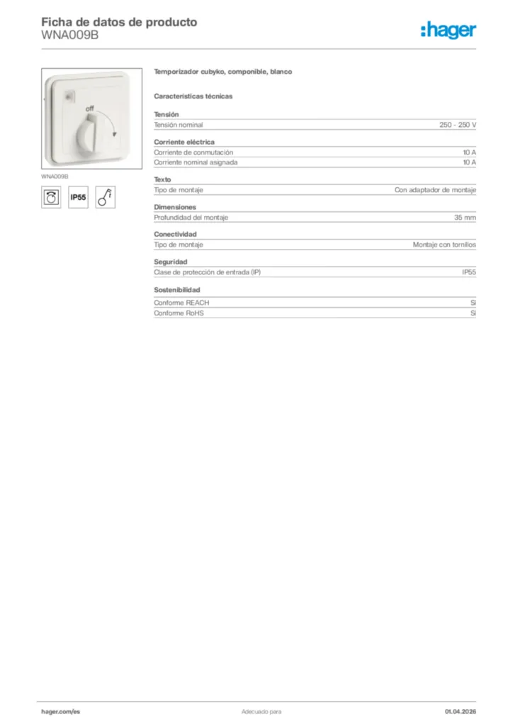 Imagen Hager Ficha de datos de producto WNA009B | Hager España