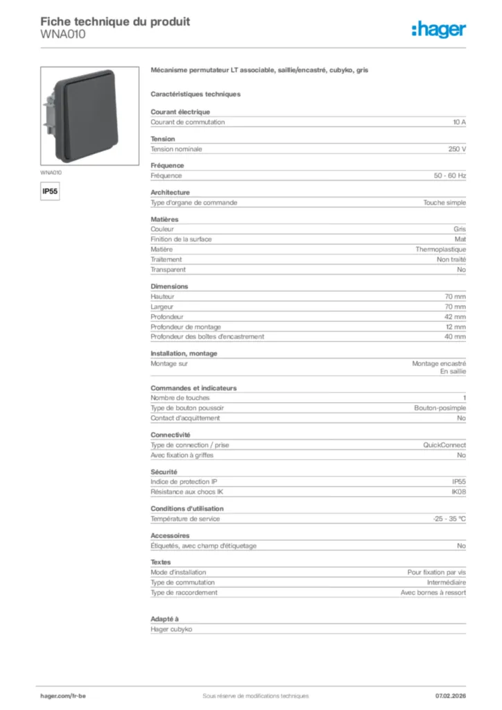 Image Hager Fiche technique du produit WNA010 | Hager Belgique