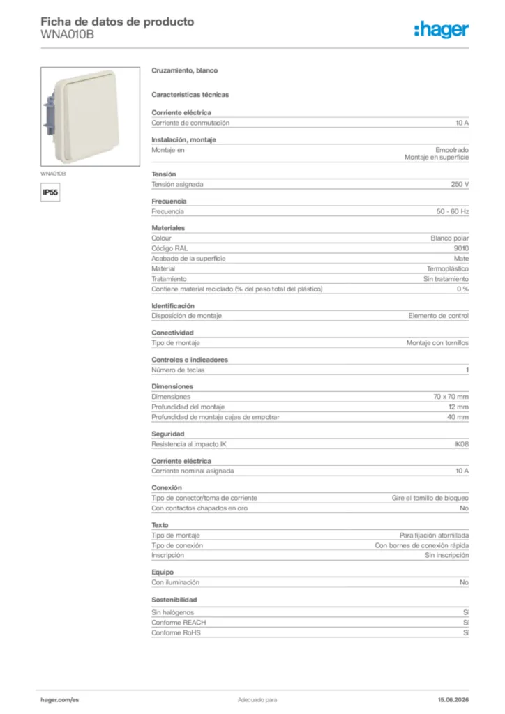 Imagen Hager Ficha de datos de producto WNA010B | Hager España