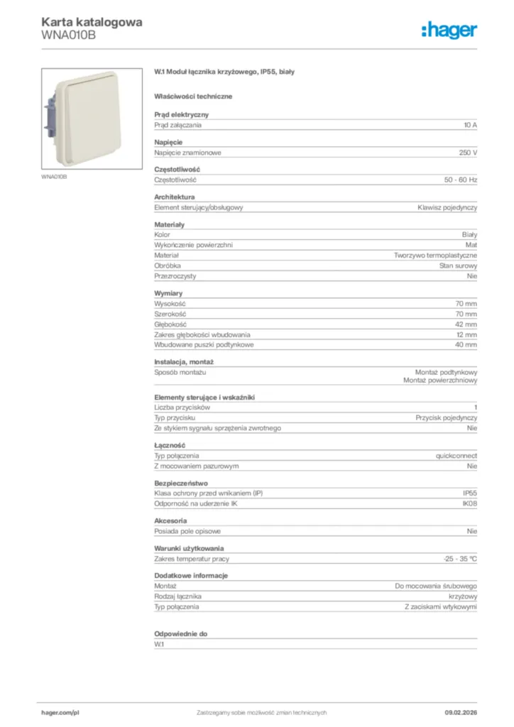 Zdjęcie Hager Karta katalogowa WNA010B | Hager Polska