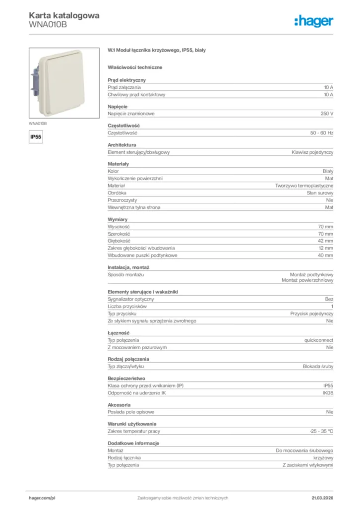 Zdjęcie Hager Karta katalogowa WNA010B | Hager Polska