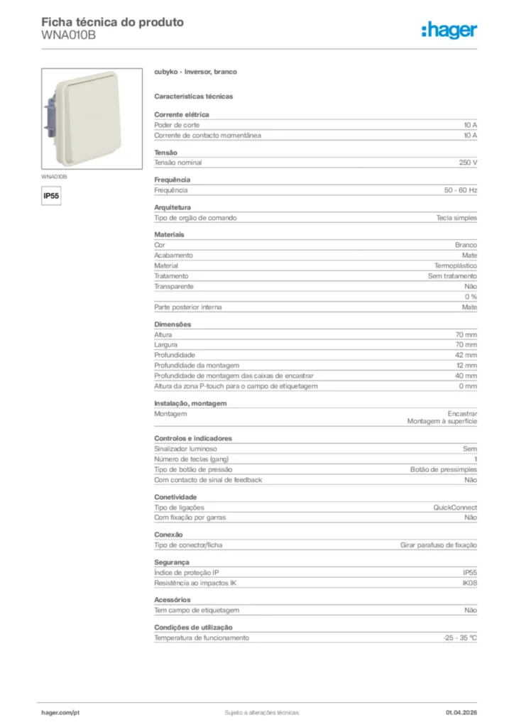 Imagem Hager Ficha técnica do produto WNA010B | Hager Portugal