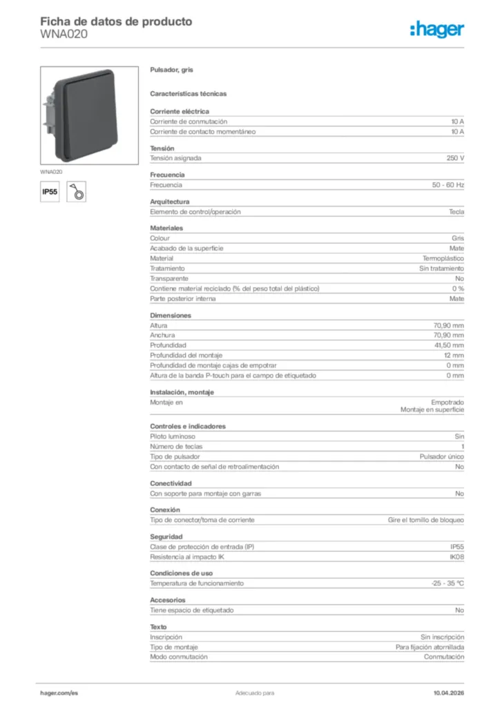 Imagen Hager Ficha de datos de producto WNA020 | Hager España