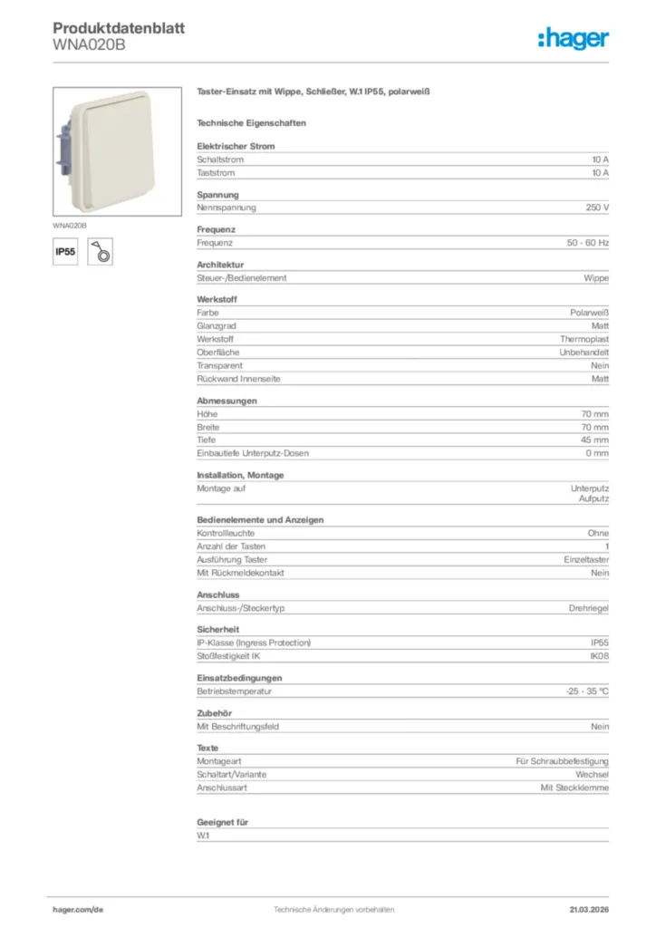 Bild Hager Produktdatenblatt WNA020B | Hager Deutschland