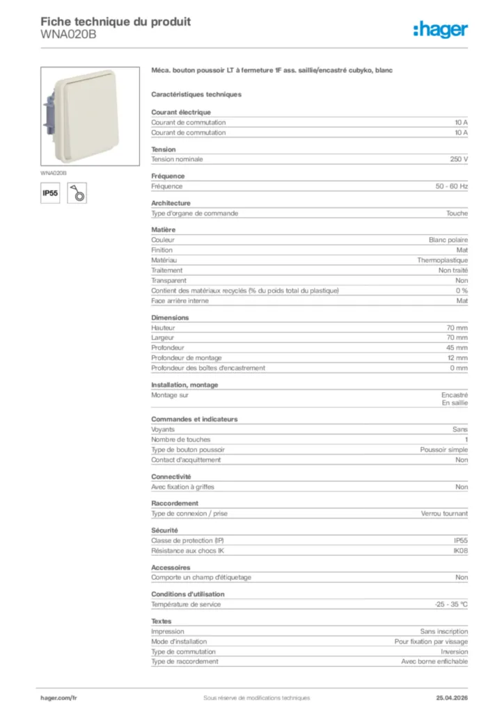 Image Hager Fiche technique du produit WNA020B | Hager France