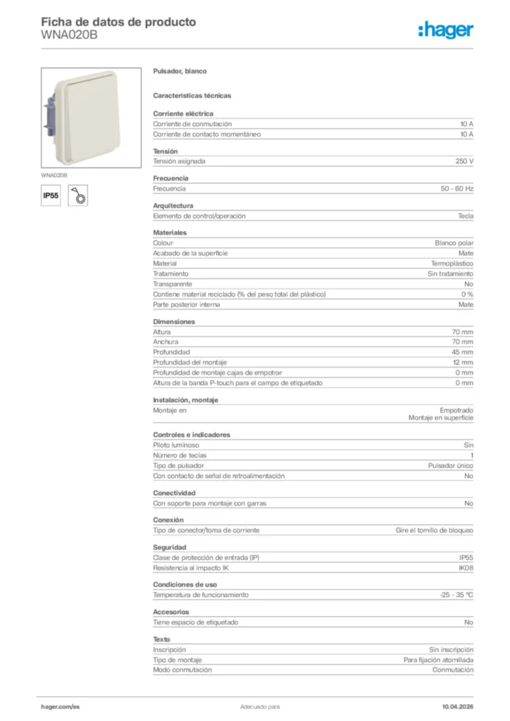 Imagen Hager Ficha de datos de producto WNA020B | Hager España