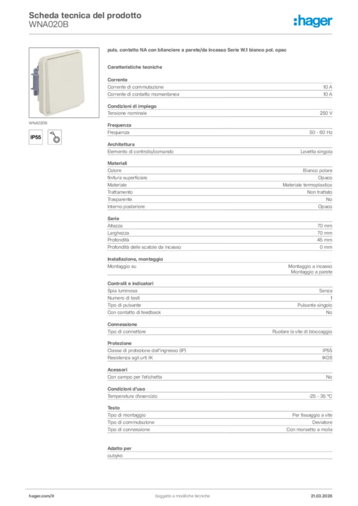 Immagine Hager Scheda tecnica del prodotto WNA020B | Hager Italia
