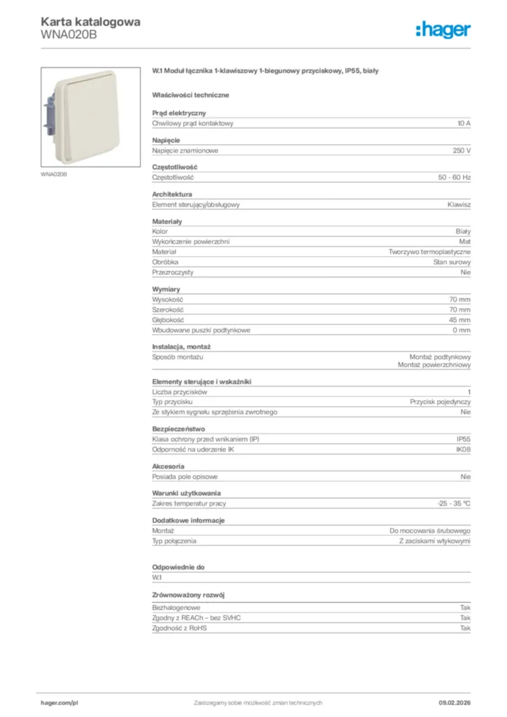 Zdjęcie Hager Karta katalogowa WNA020B | Hager Polska