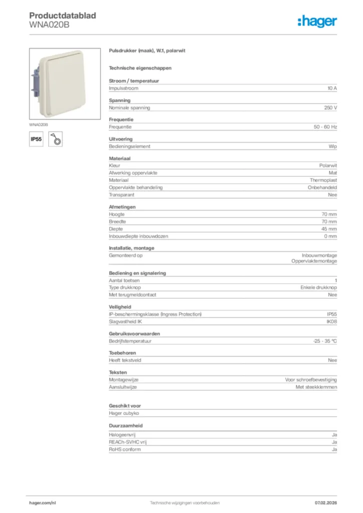 Afbeelding Hager Productdatablad WNA020B | Hager Nederland