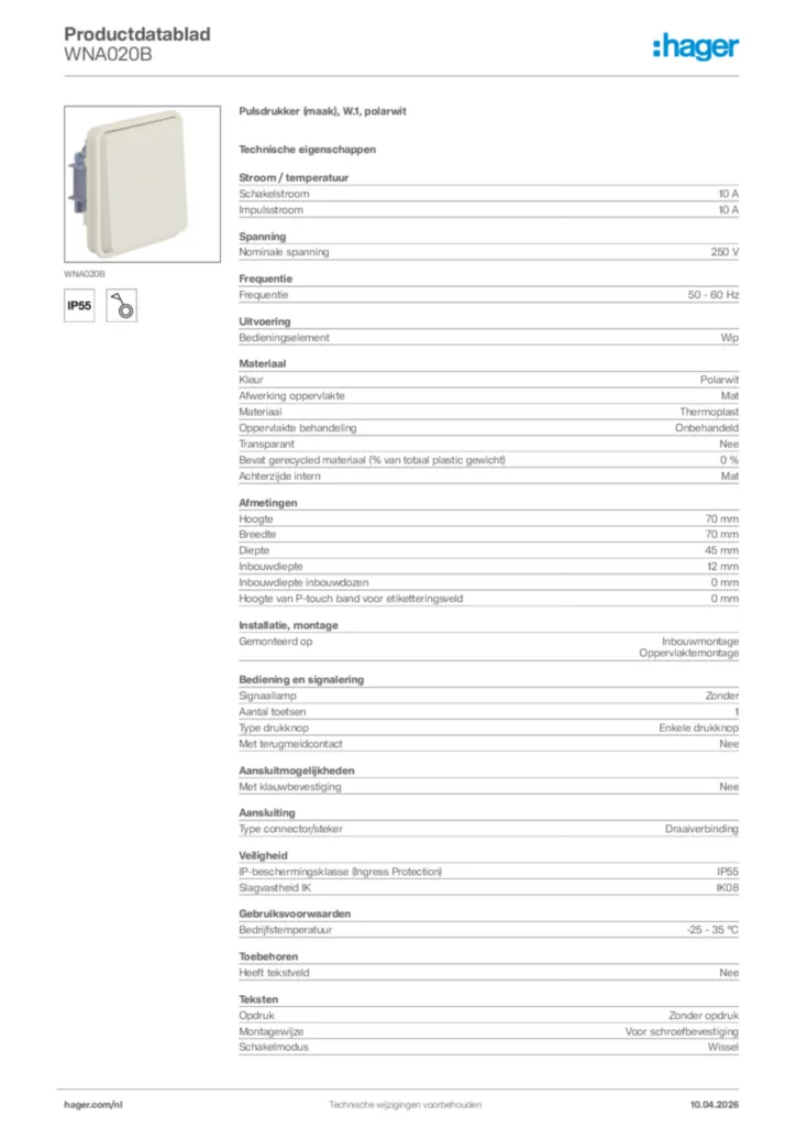 Afbeelding Hager Productdatablad WNA020B | Hager Nederland