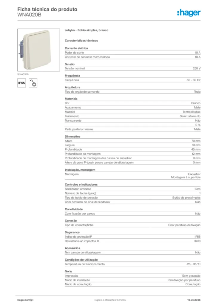 Imagem Hager Ficha técnica do produto WNA020B | Hager Portugal