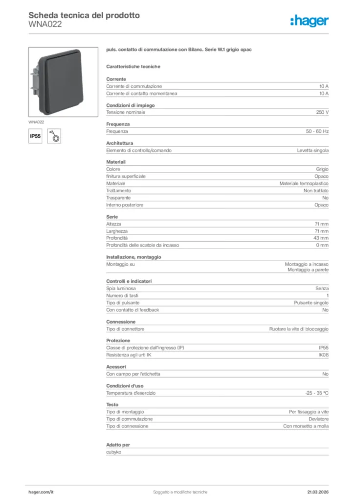 Immagine Hager Scheda tecnica del prodotto WNA022 | Hager Italia