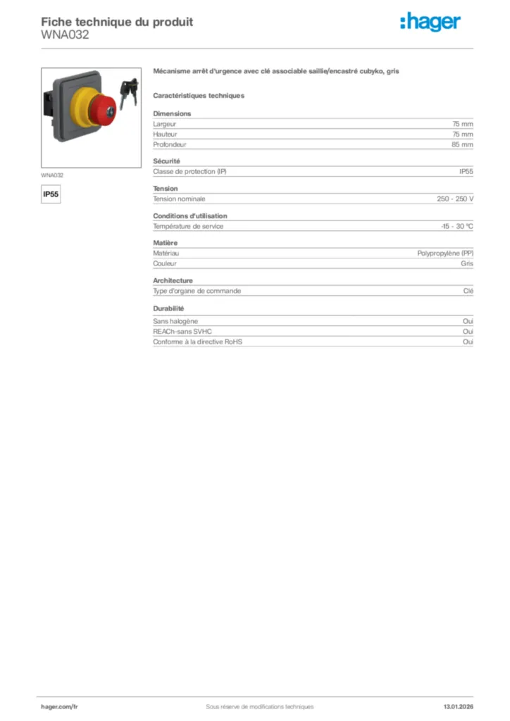 Image Hager Fiche technique du produit WNA032 | Hager France