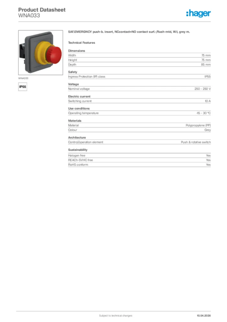 Image Hager Product data sheet WNA033  | Hager Africa
