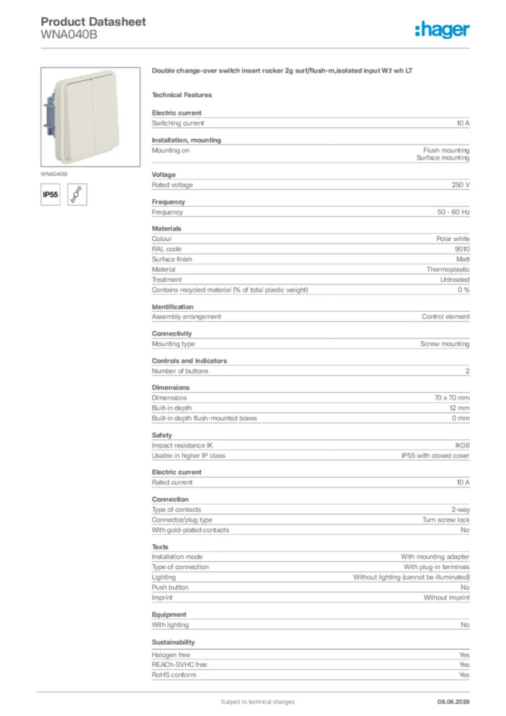 Image Hager Product data sheet WNA040B  | Hager Africa